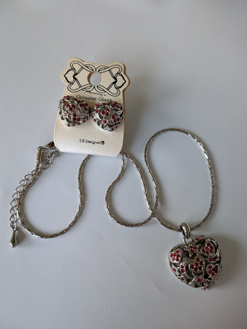 Silver and Glass Red Heart Pendant Necklace and Earring Set NWT